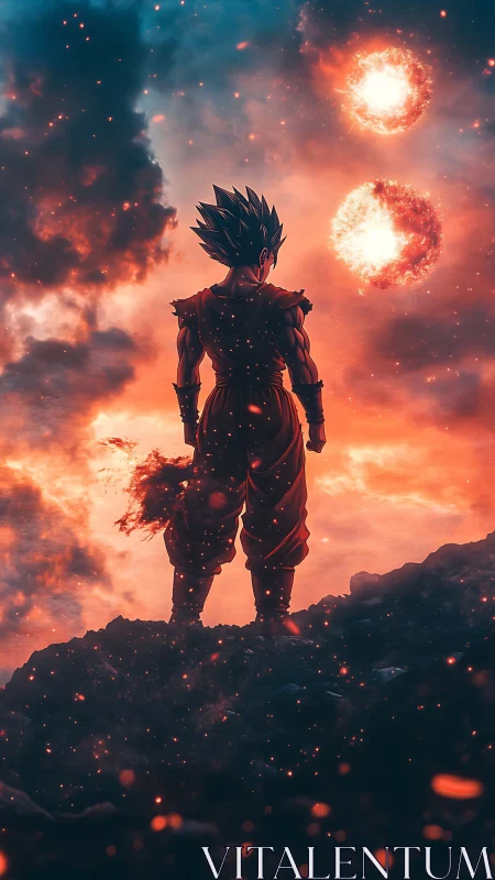 Stargazing warrior framed by twin blazing suns at dusk.