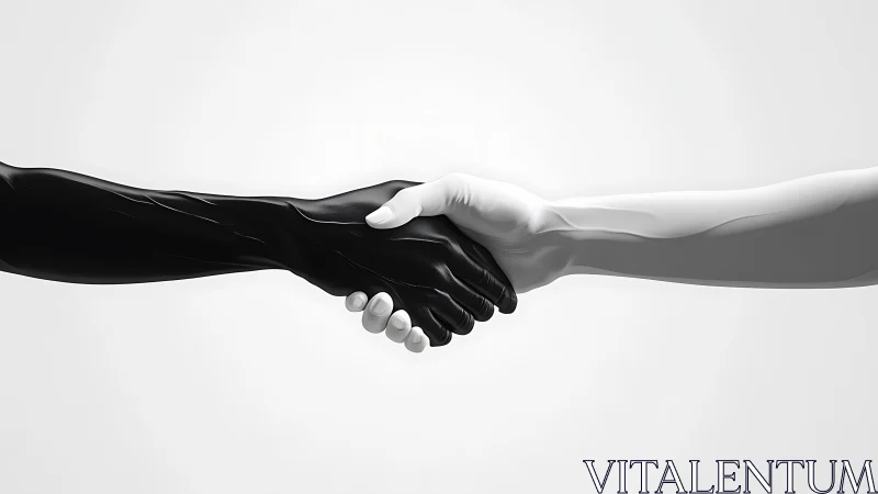Monochrome handshake unites black and white sculpted arms.