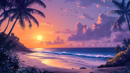 Tropical beach sunset with palm trees and glowing sky.