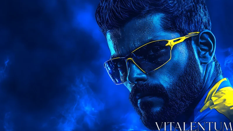 Intense blue portrait shows stoic man in neon yellow glasses