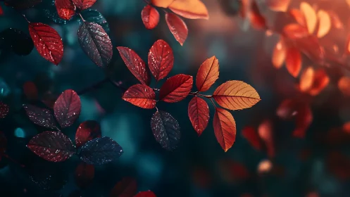 Gentle autumn leaves glowing softly in dreamy evening light.