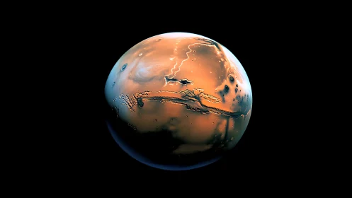 Mars glows against deep space in dramatic digital rendering.