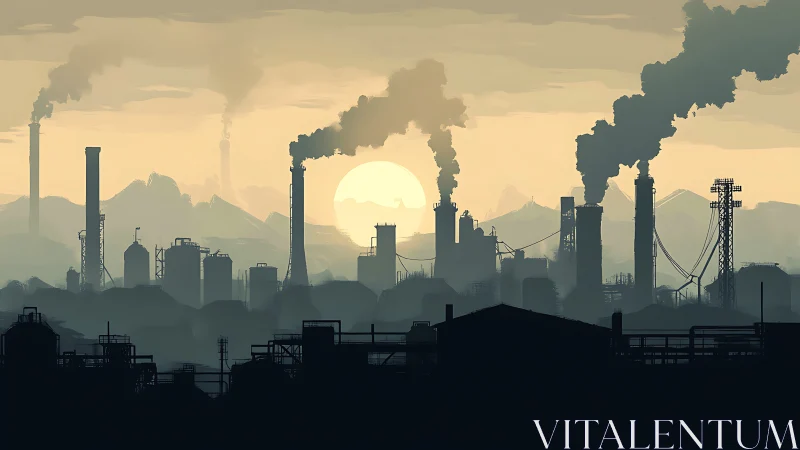 Industrial skyline with smokestacks at low sun over haze.