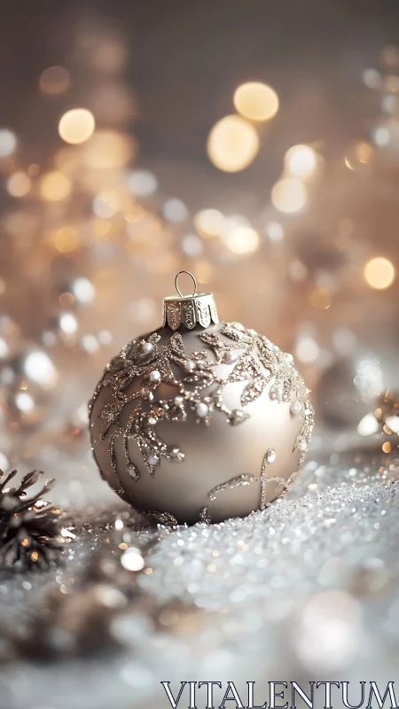 Sparkling silver ornament glowing in soft holiday light.