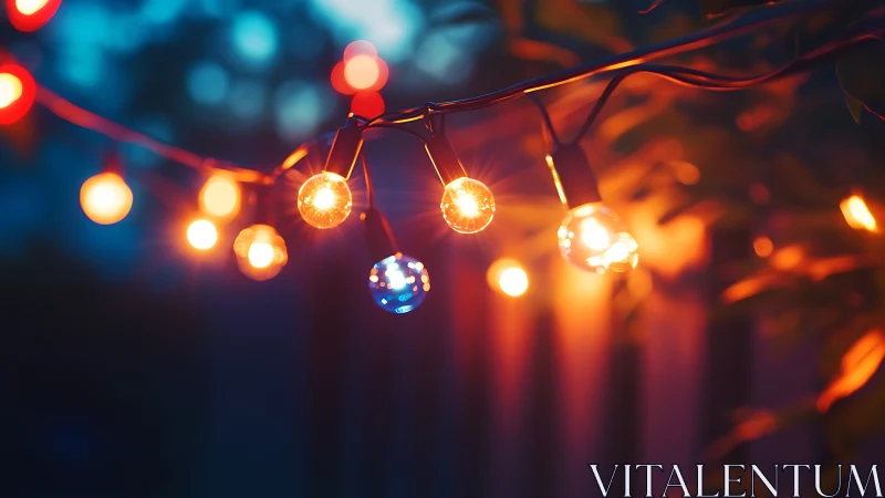 Glowing outdoor string bulbs cast warm bokeh over foliage