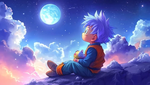 Anime nightscape with child dreamer and luminous moonlit sky.