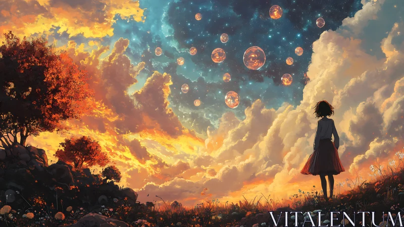 Anime sunset skyscape with celestial orbs and figure silhouette.