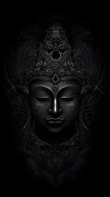 Low-key carved deity mask with intricate high-relief ornamentation