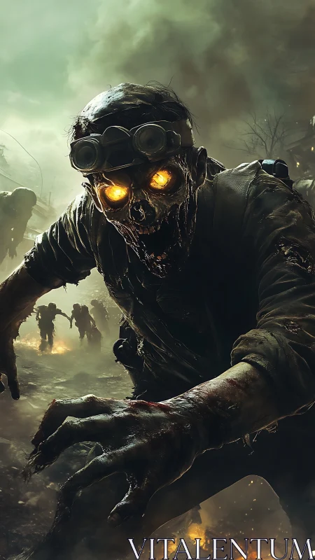 Undead soldier lunges through smoky battlefield with neon eyes.