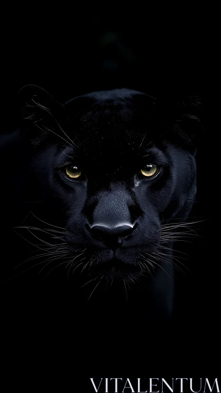 Black panther portrait with golden eyes against dark background.