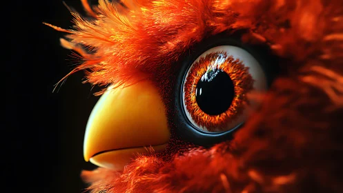 Vivid Close-Up of Red Cartoon Bird with Dramatic Lighting.
