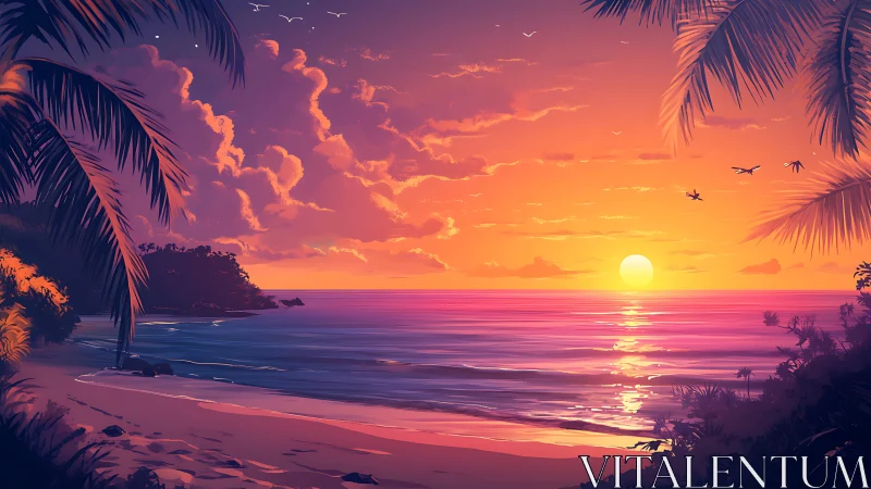 Sunset illuminates tranquil tropical beach with vivid clouds