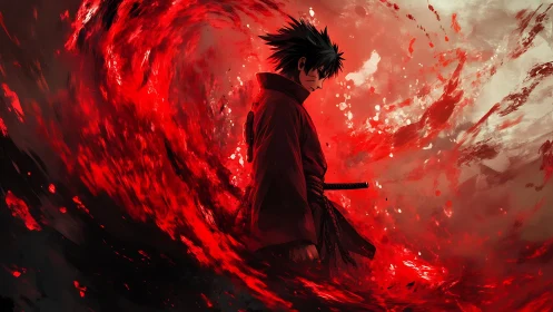 Solitary swordsman within swirling red energy field.
