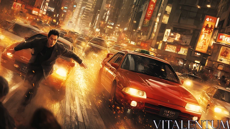 Man sprints through neon city traffic amid blazing sparks