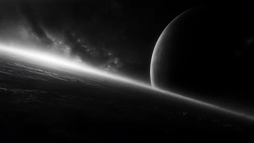 Dark gas giant rises beyond icy horizon in deep space