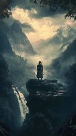 Lone warrior overlooks misted canyon under stormlit sky