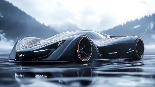 Futuristic low-profile concept car sits on reflective wet surface