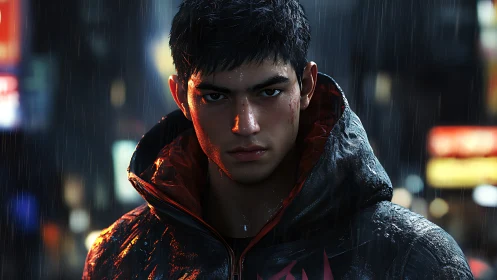 Brooding cyber-noir portrait of a rain-soaked hooded youth