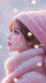 Snowlit daydream girl wrapped in blush winter softness.