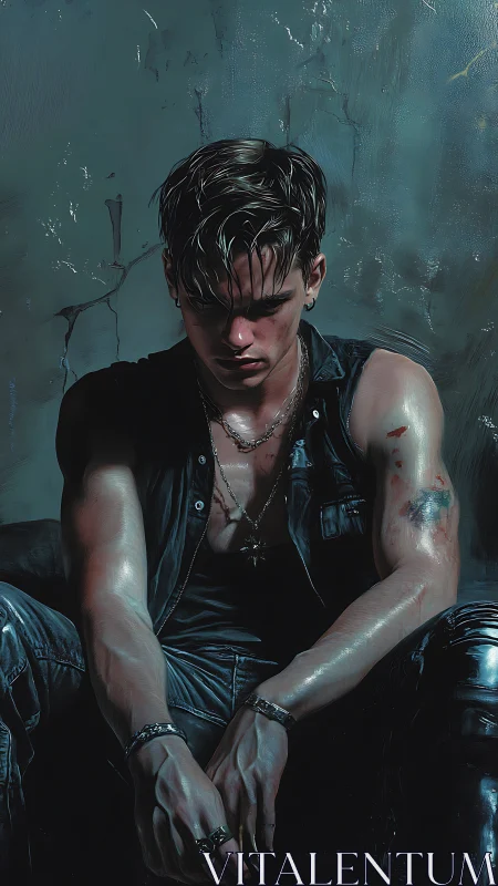 Moody leather-clad youth under cinematic low-key sidelighting.