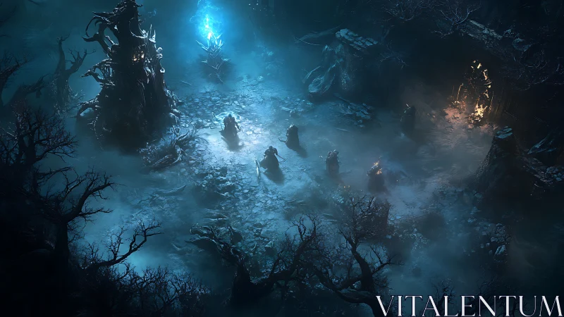 Shadowed ritual circle glows softly in a haunted forest