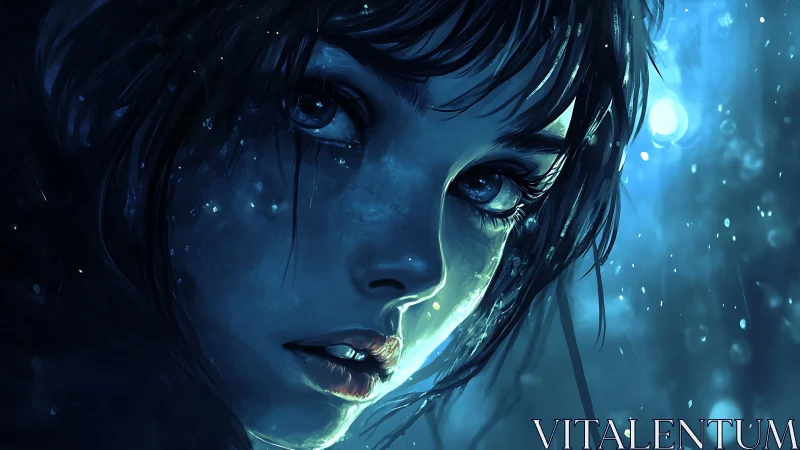 Blue-lit girl gazes through rain with luminous wet skin