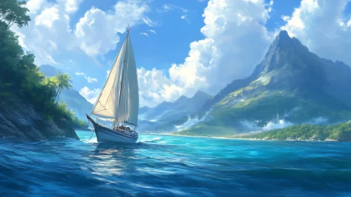 Sailboat near tropical coastline with prominent mountain peak.