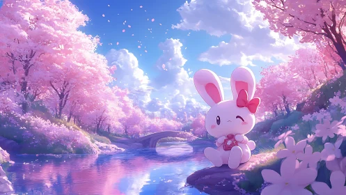 Cartoon rabbit beside river under pink blossom trees.