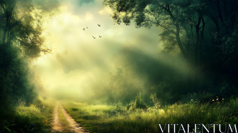Enchanted Forest Path with Sunbeams in Dreamy Morning Light.