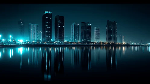 Nighttime waterfront skyline with high-rise reflections.