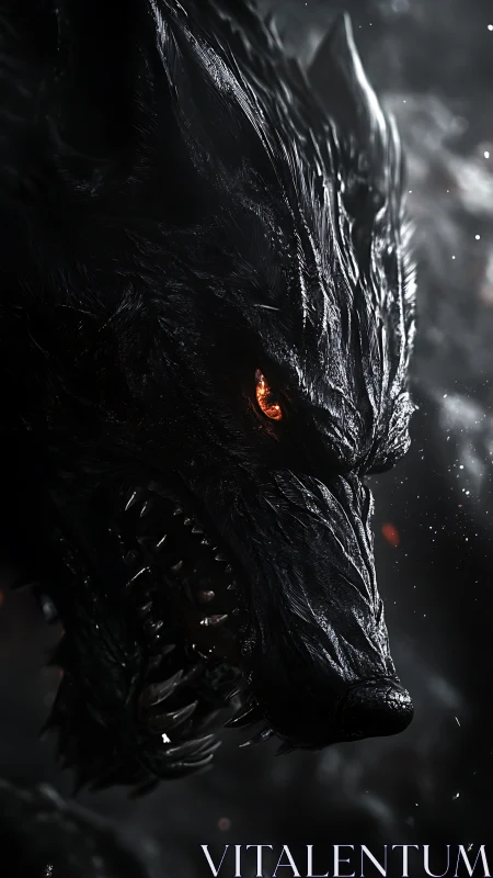 Fierce shadow wolf rises with molten eyes in swirling smoke