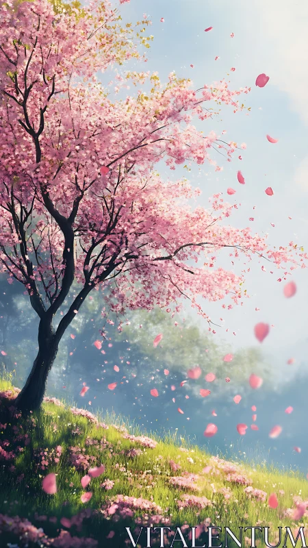 Windblown cherry blossom tree on sunlit spring hillside
