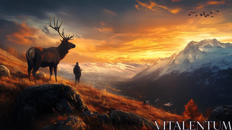 Elk and lone hiker overlook snowy mountains at sunset.
