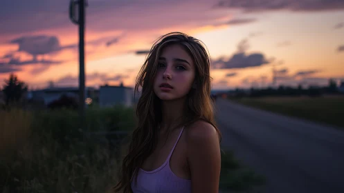 Cinematic dusk portrait of young woman by rural roadside