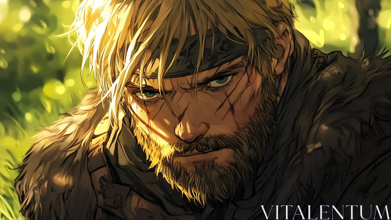 Battleworn ranger in sunlit forest glare, eyes unyielding.