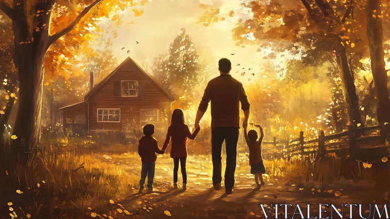 Family silhouettes in autumn landscape with residential structure