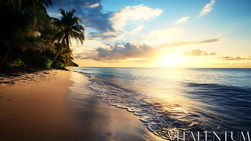Tropical beach sunset illuminates calm shoreline and palms