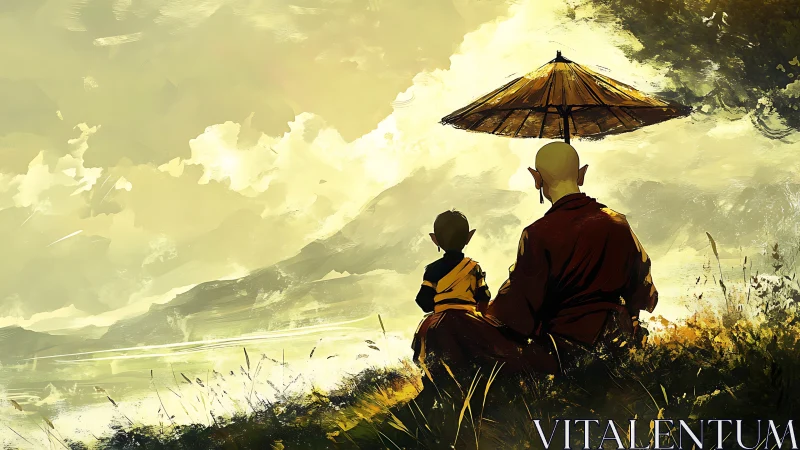 Monk and child seated by water under umbrella at dusk.