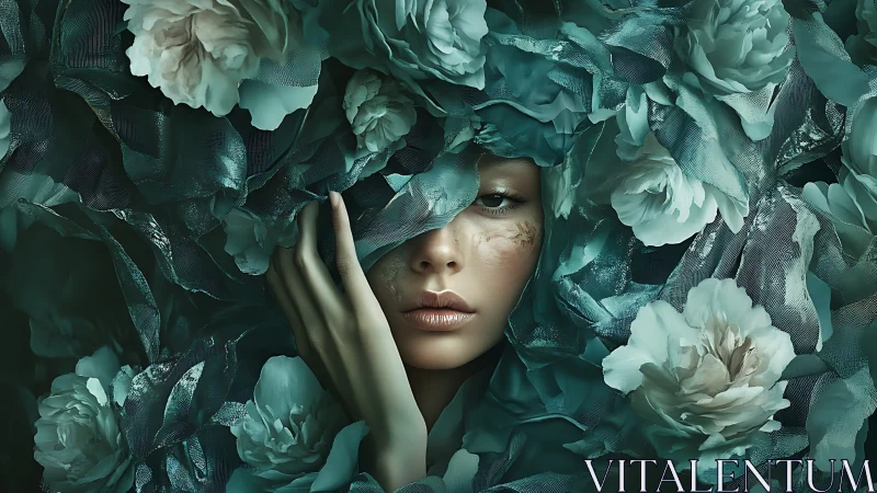 Floral veil muse emerging from teal petals and quiet myth.