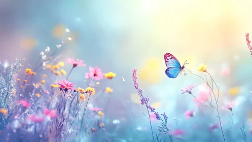 Butterfly hovers in a pastel meadow filled with dreamy light