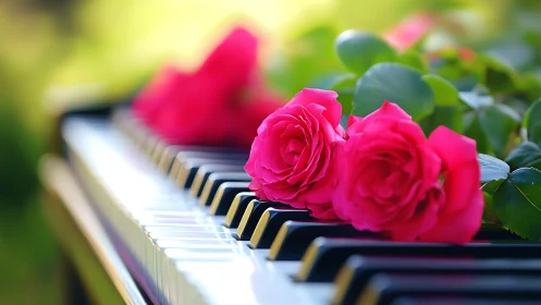 Pink roses lie on glossy piano keys in soft daylight