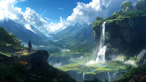 Wanderer Overlooking Luminous Valley Waterfalls at Dawn.