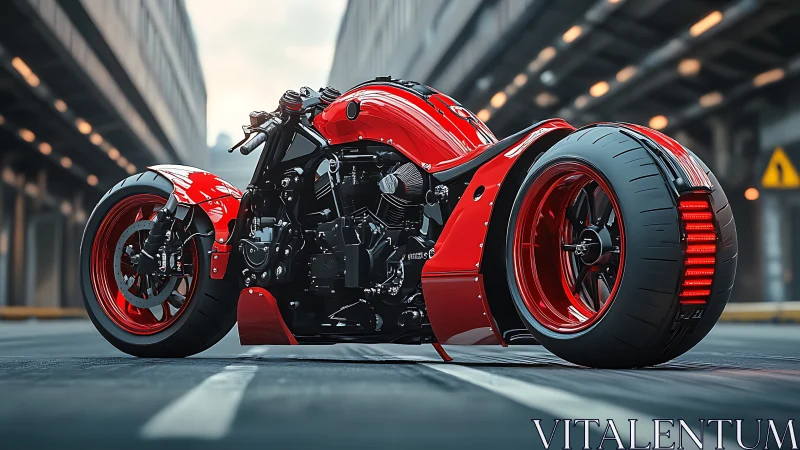 Low-angle view shows custom red motorcycle in urban street