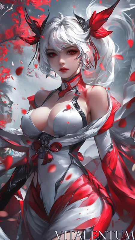 Red and white anime warrior in detailed fantasy armor.