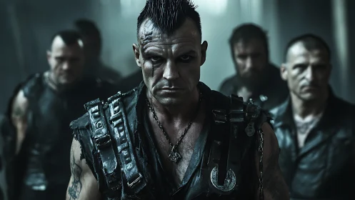 Group of leather clad men in dim industrial corridor.