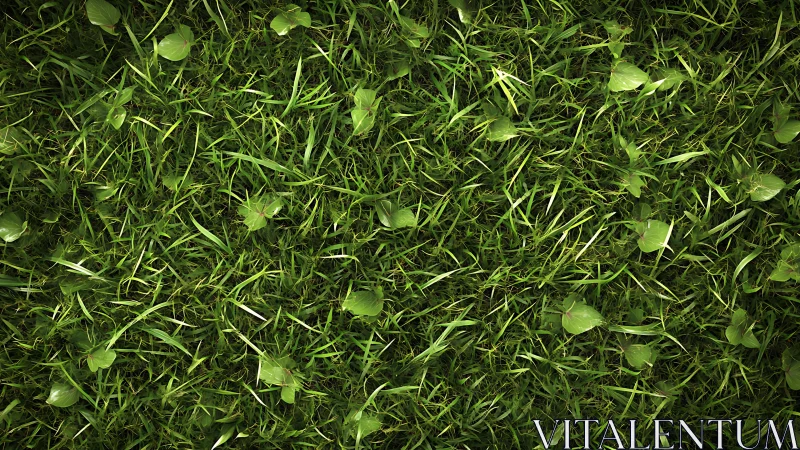 Top view of dense green grass with scattered small leaves.