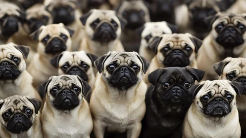 Curious crowd of wide-eyed pugs gathering in close focus.