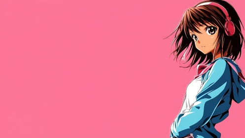 Side-gazing anime girl in hoodie with bold pink backdrop.