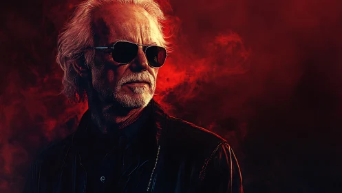 Cool, silver-haired rebel stands strong in glowing red haze