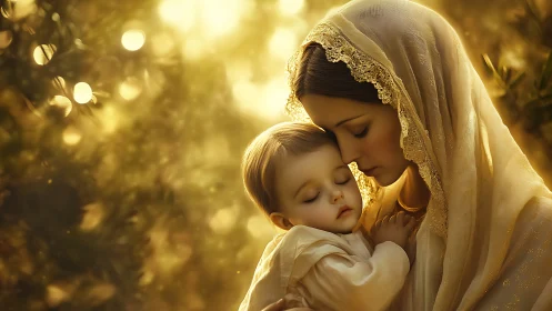 Soft backlit portrait shows mother cradling infant in golden haze